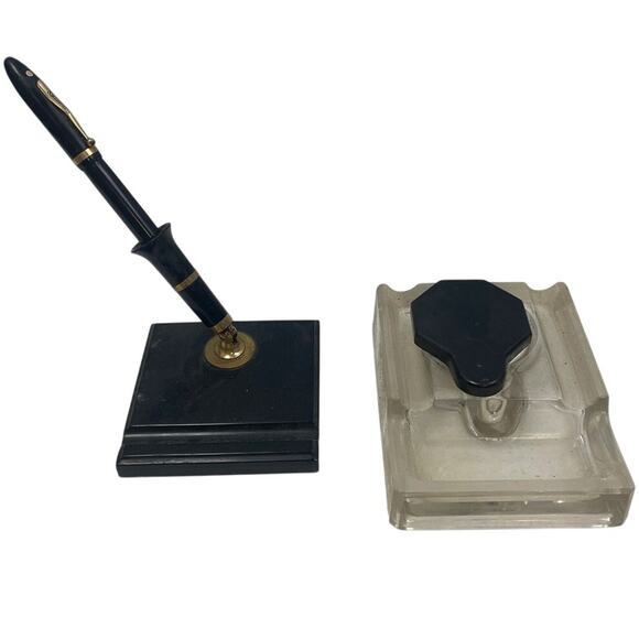 Sheaffers Other - Vintage Sheaffers Black Fountain Pen Glass Base Inkwell Desk Stand Writing Set